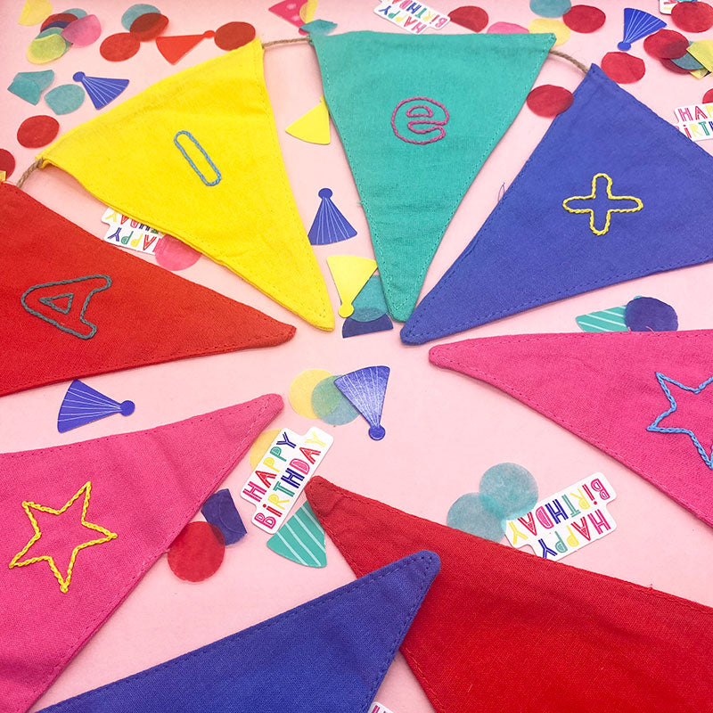 hand embroidered personalised bunting for a party