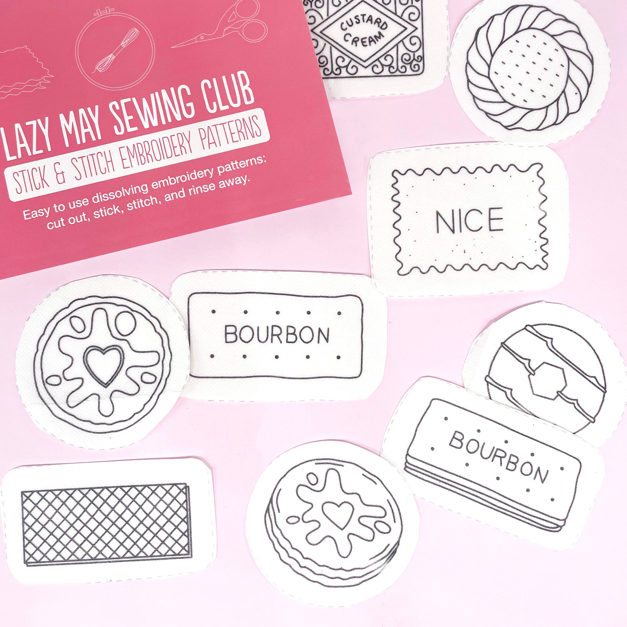 A collection of British biscuit stick and stitch embroidery patterns, including designs for Jammie Dodgers, Bourbons, and custard creams. These dissolving embroidery patterns make modern embroidery projects easy and fun.