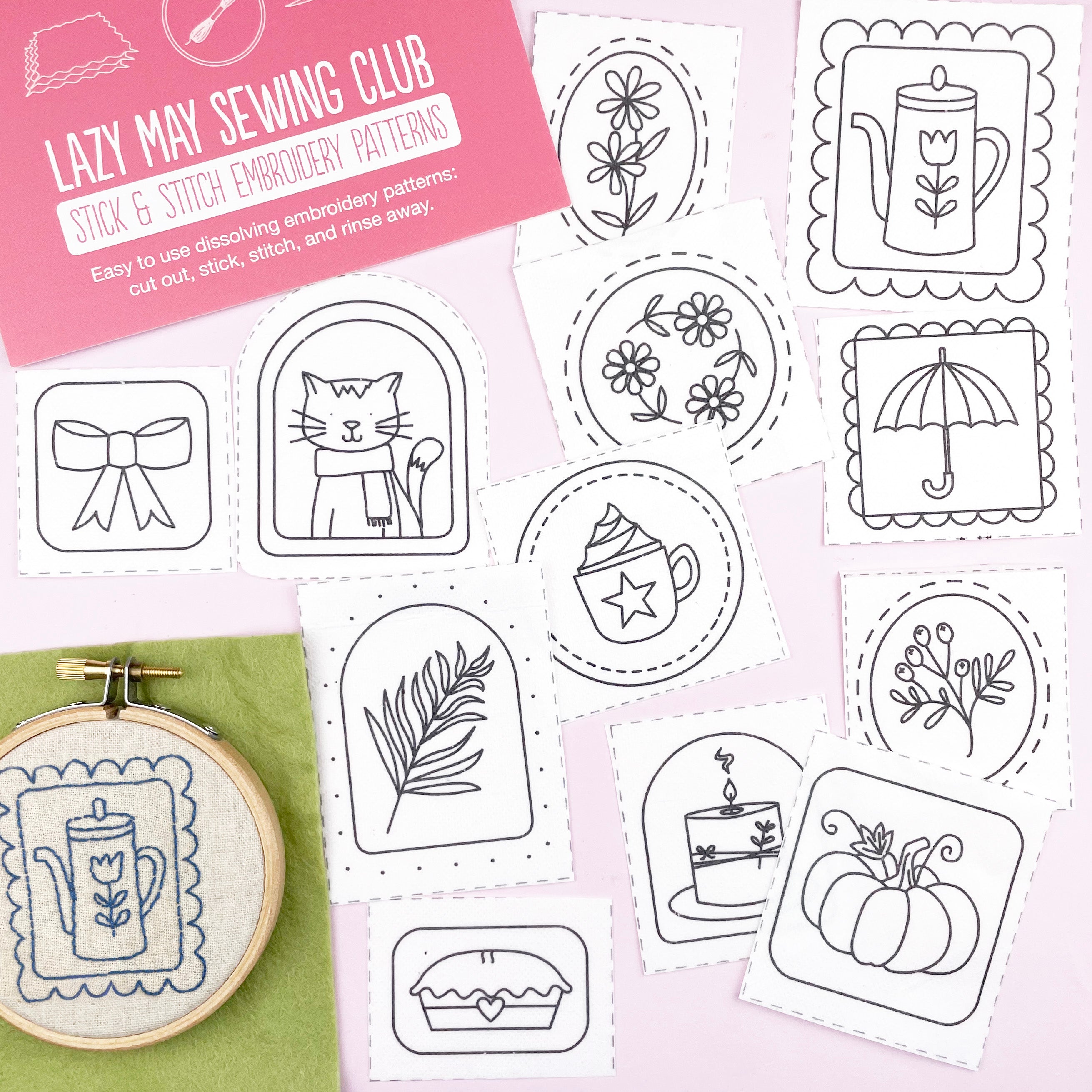 Stick and Stitch Embroidery patterns with various autumn themed designs on a pink background, featuring the Lazy May Sewing Club branding.