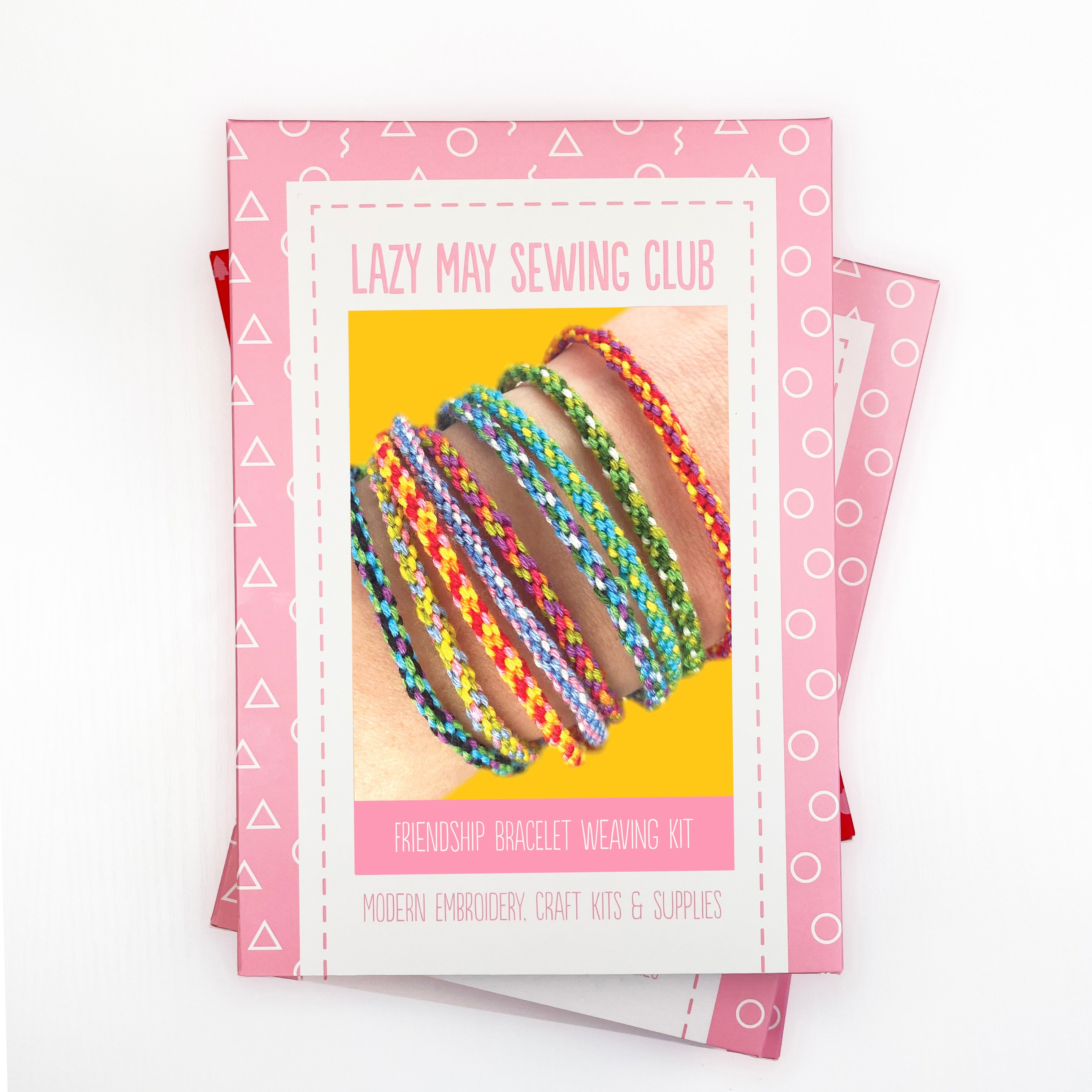 Lazy May Sewing Club friendship bracelet weaving kit packaging on a white background