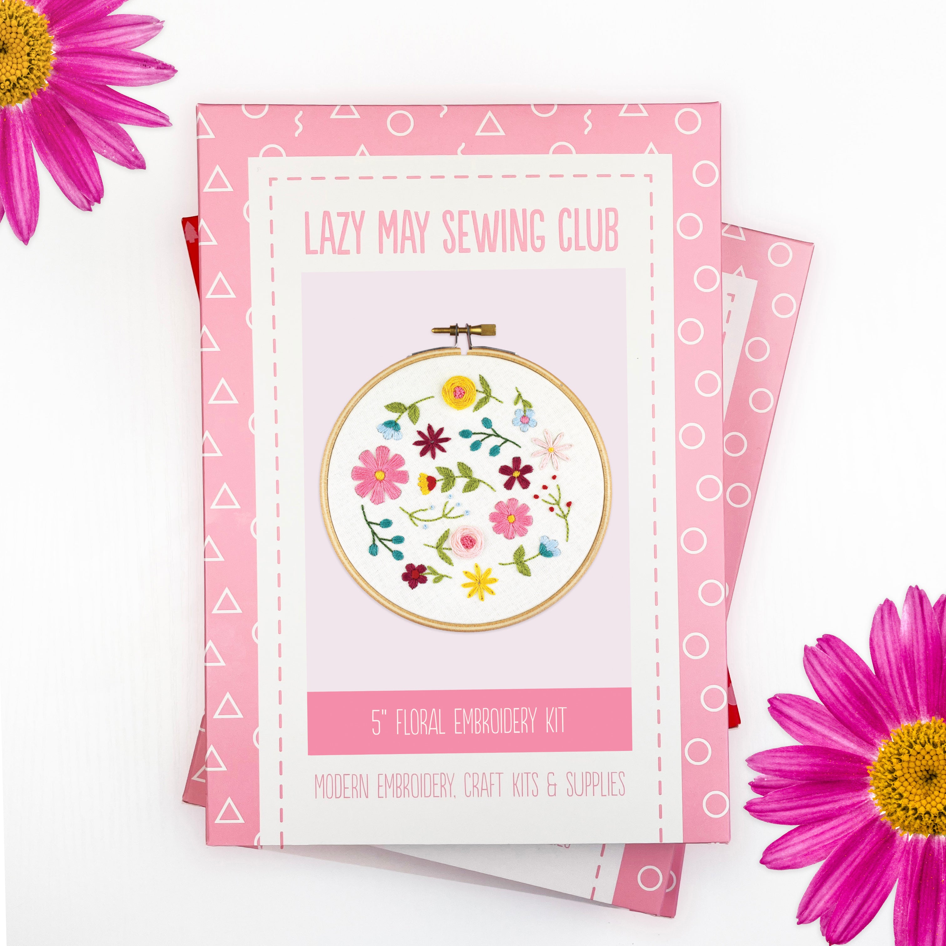Lazy May Sewing Club embroidery kit packaging with floral design – creative gift for beginner stitchers.