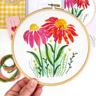 Embroidery hoop with colorful floral design held by a hand, with additional embroidery materials in the background.