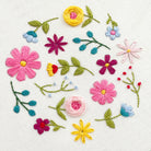 Close-up of colourful stitching showing finished floral embroidery pattern with pink, yellow and blue wildflowers.