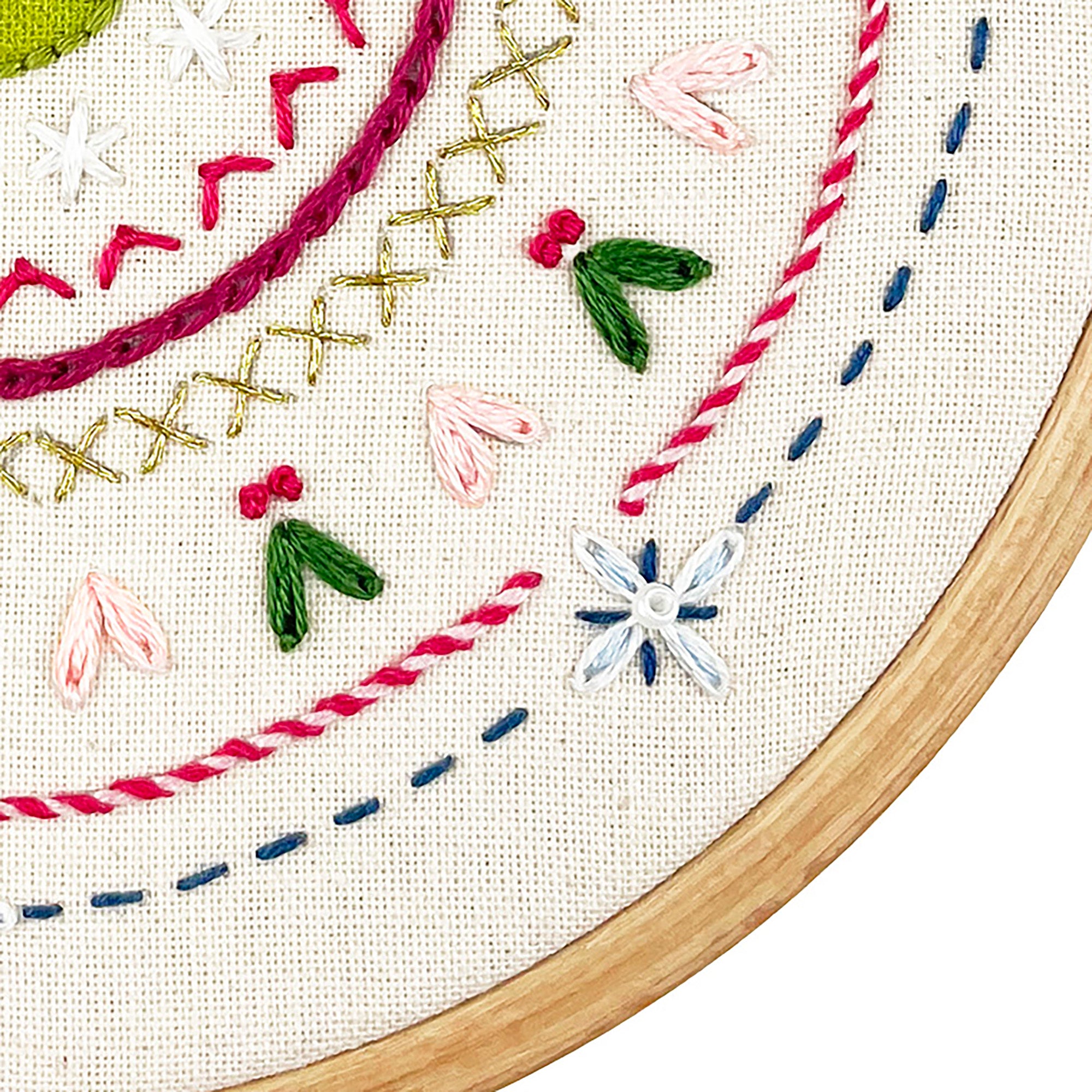 Embroidery hoop with colorful floral and geometric patterns on a white background