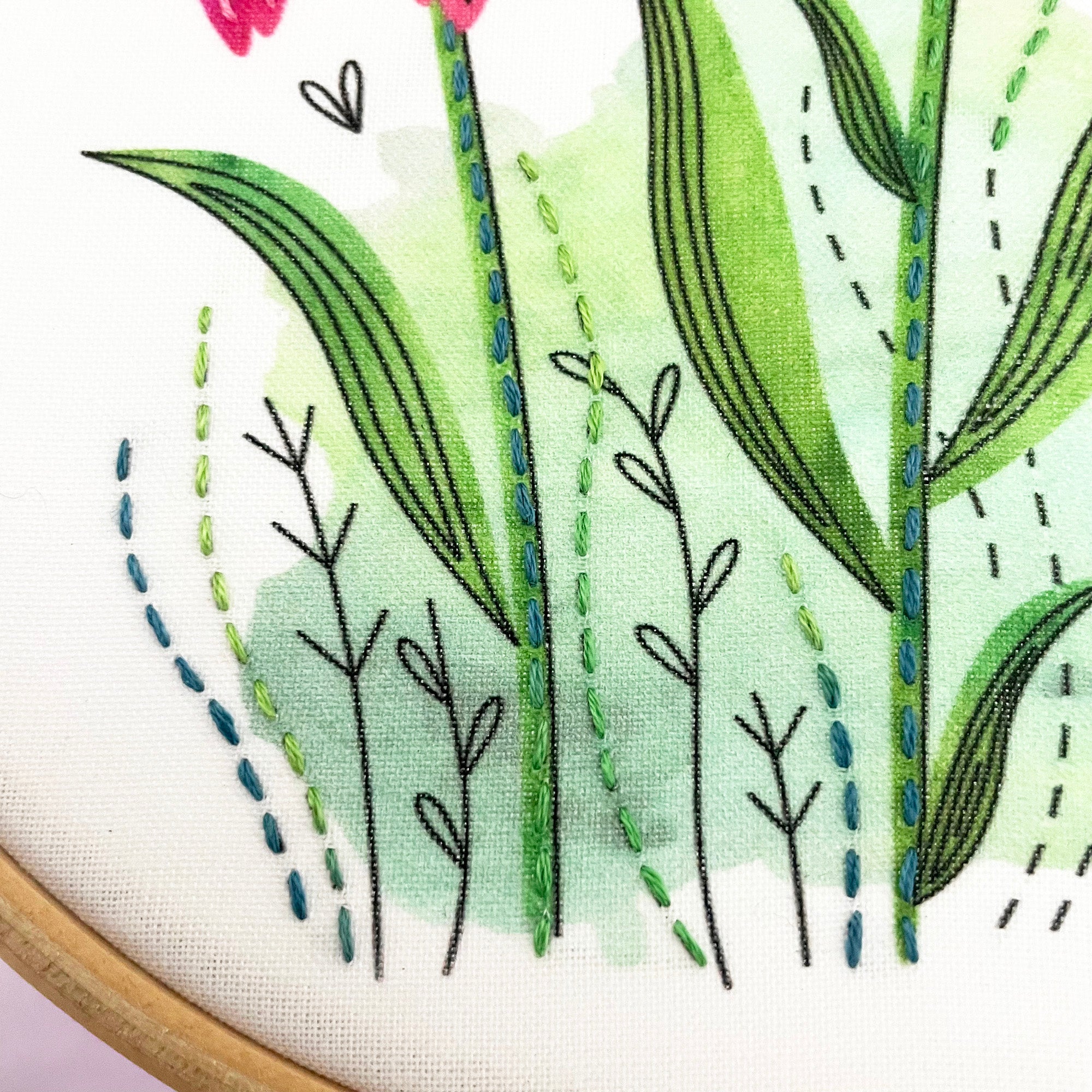 close up of embroidery stitches used in floral embroidery kit