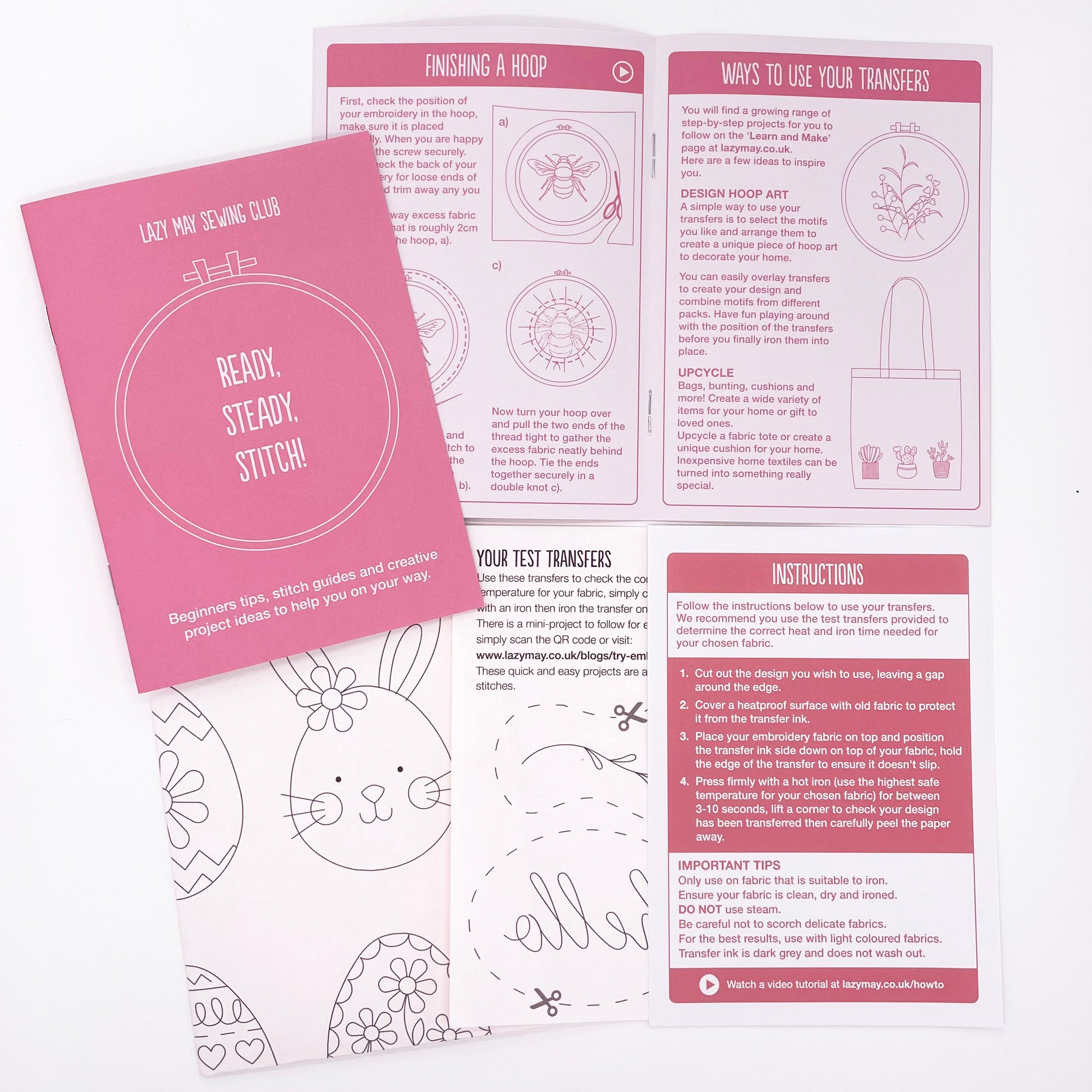 Open instruction booklet from the Easter embroidery patterns set, showing step-by-step stitch guides, design ideas, and transfer application instructions. Ideal for beginners exploring Easter crafts.