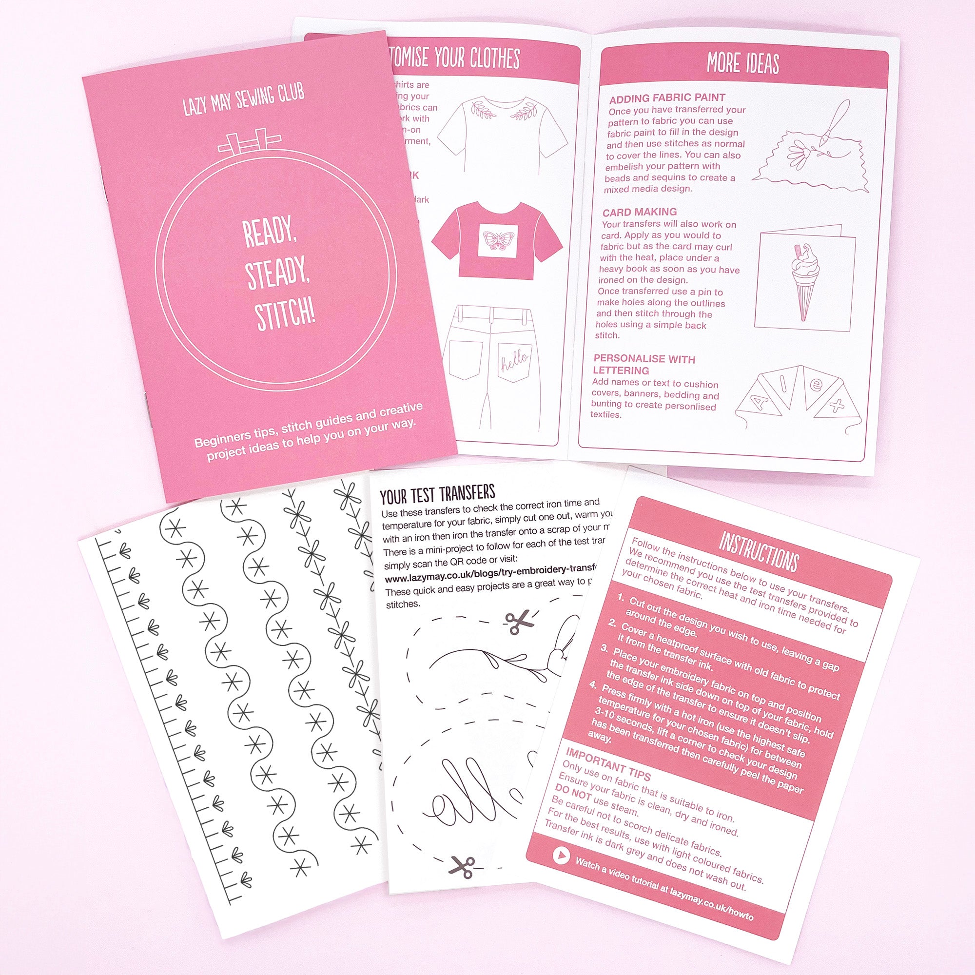 Iron-On Embroidery Patterns: 10 Embroidered Border Designs with stitch guides and project ideas in pink and white pamphlets