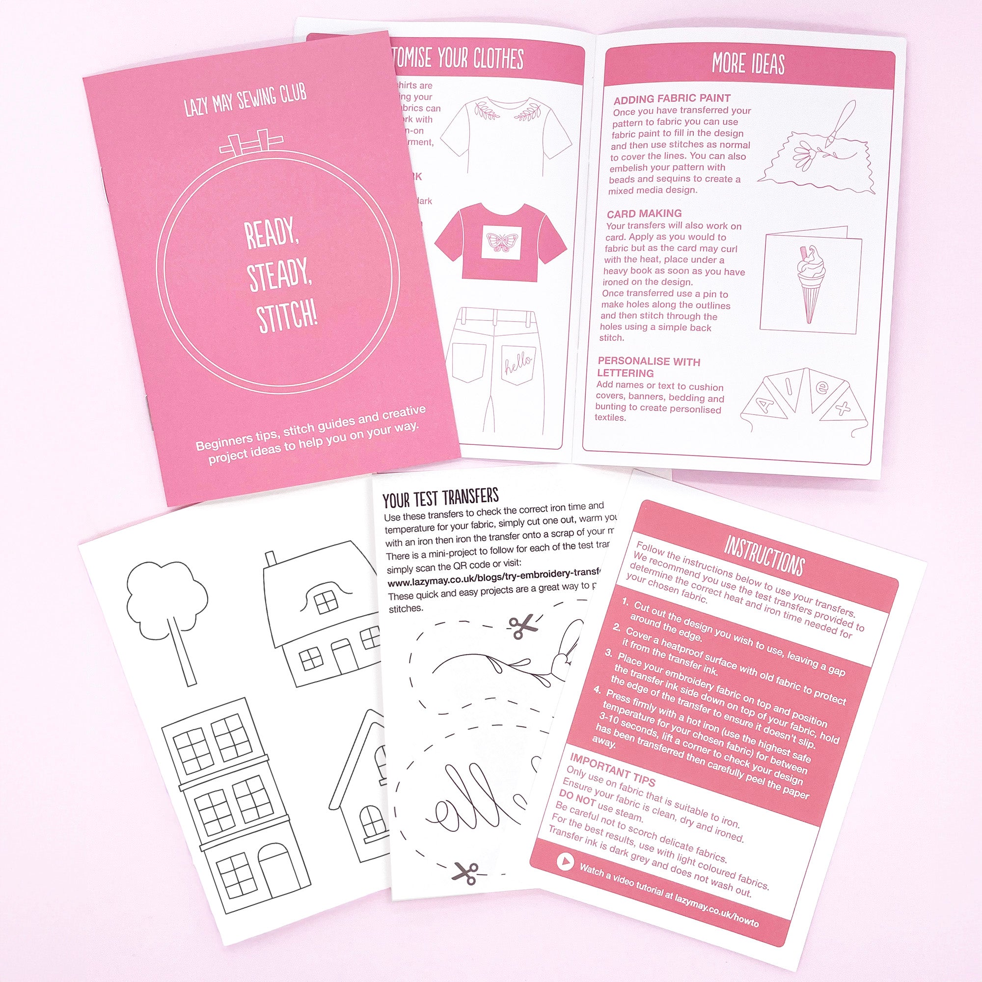 Set of instructions for iron on embroidery patterns and guides on a pink background