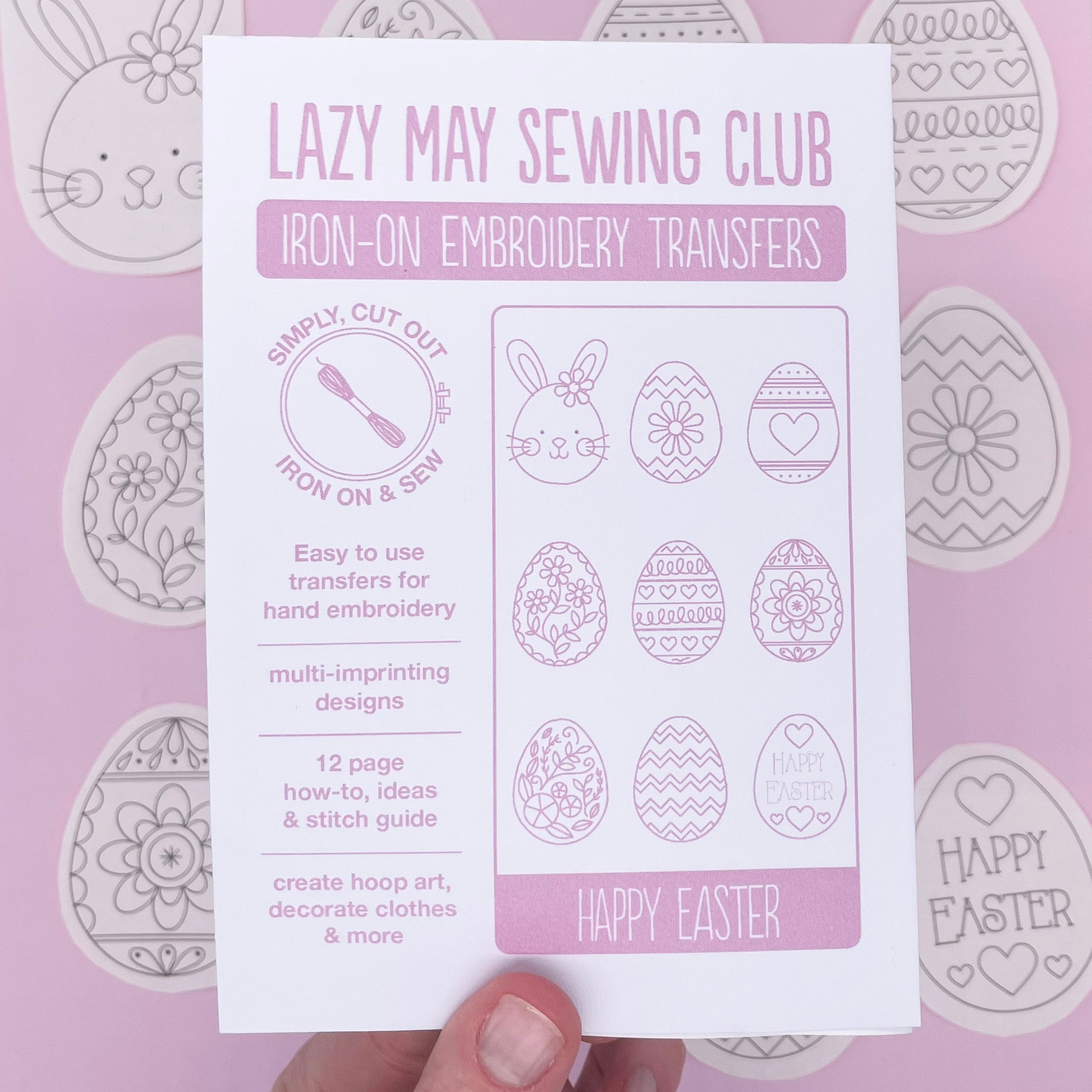 Lazy May Sewing Club iron-on embroidery transfers for Easter, featuring nine unique Easter egg and bunny designs. Perfect for Easter crafts and handmade embroidery projects.