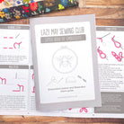 Lazy May Sewing Club’s Little Book of Embroidery, a guide to embroidery stitches, shown with water-soluble stick and stitch embroidery patterns featuring British biscuits.