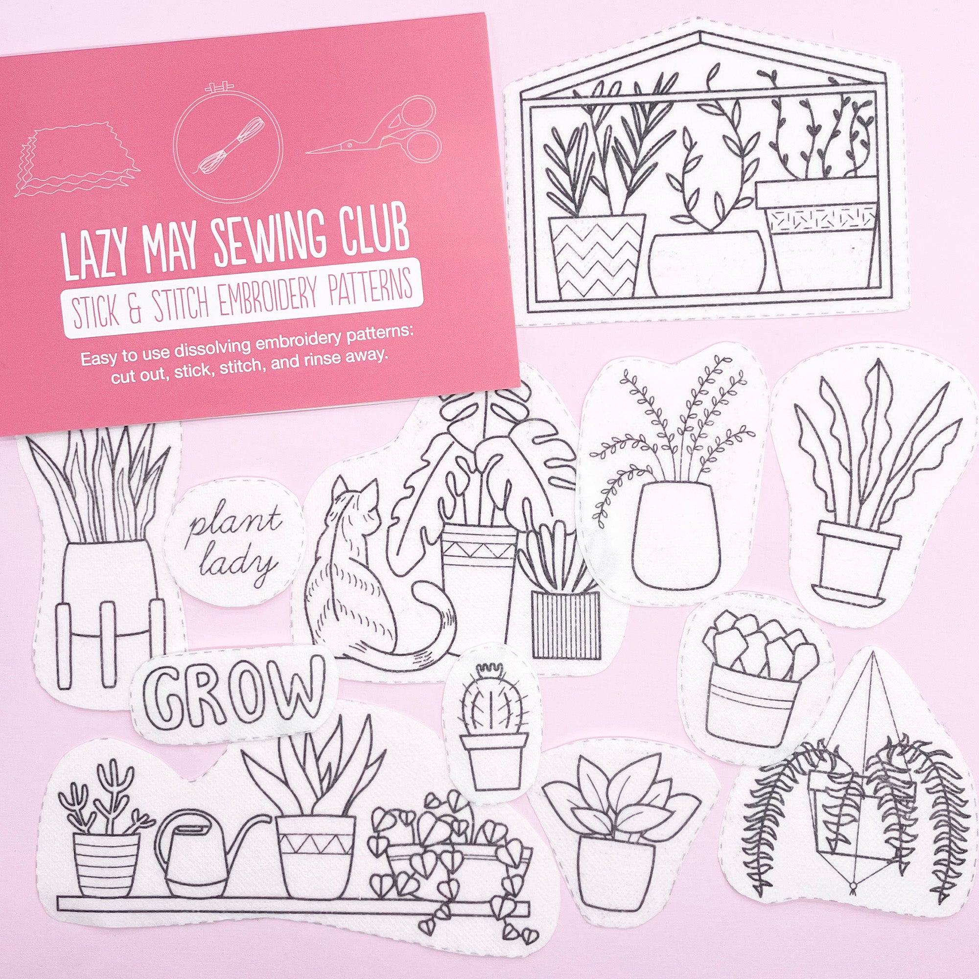 A collection of dissolving embroidery patterns featuring potted plants, succulents, and botanical designs, perfect for modern embroidery projects.