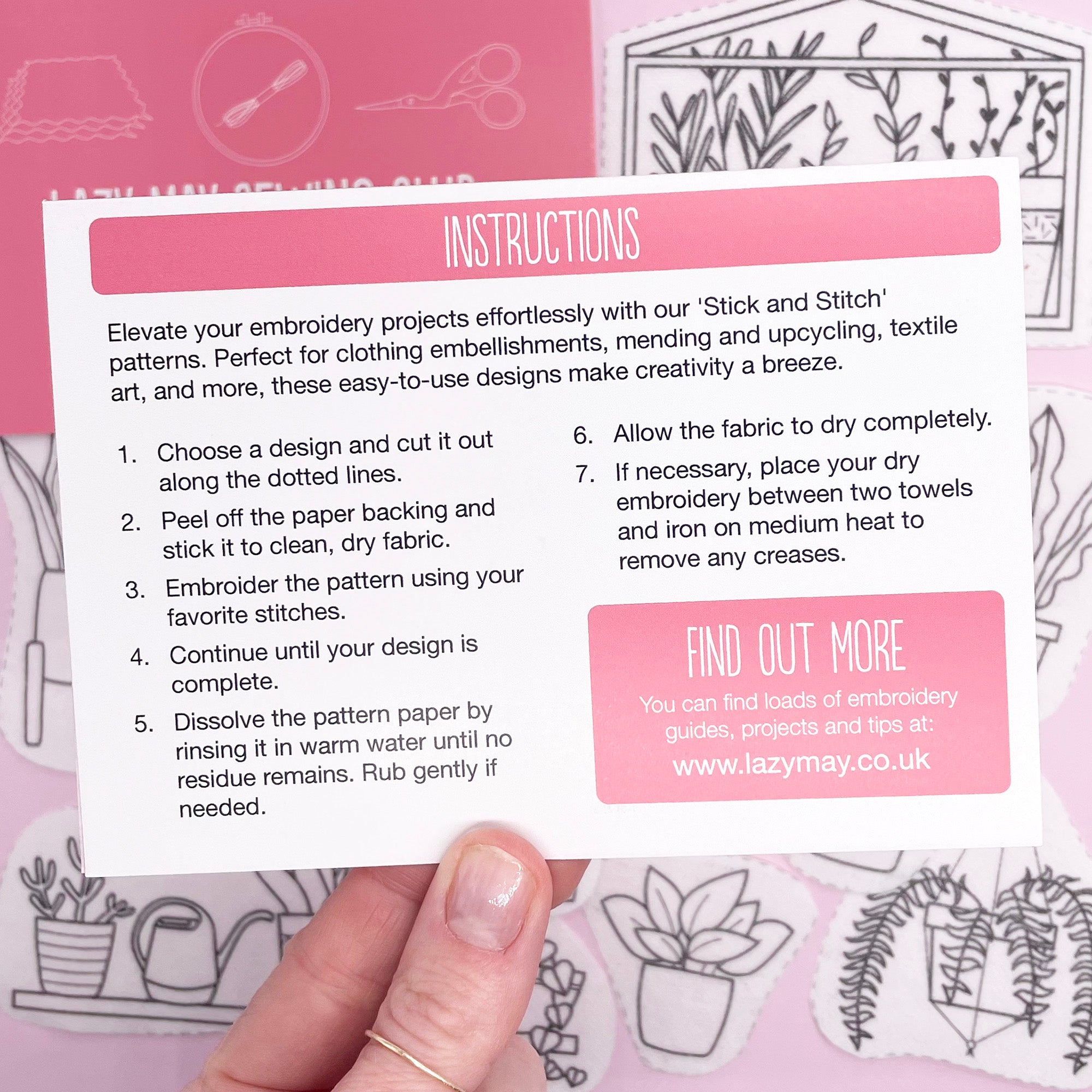 A close-up of the instructions for using stick and stitch embroidery patterns, explaining how to apply and stitch the designs.