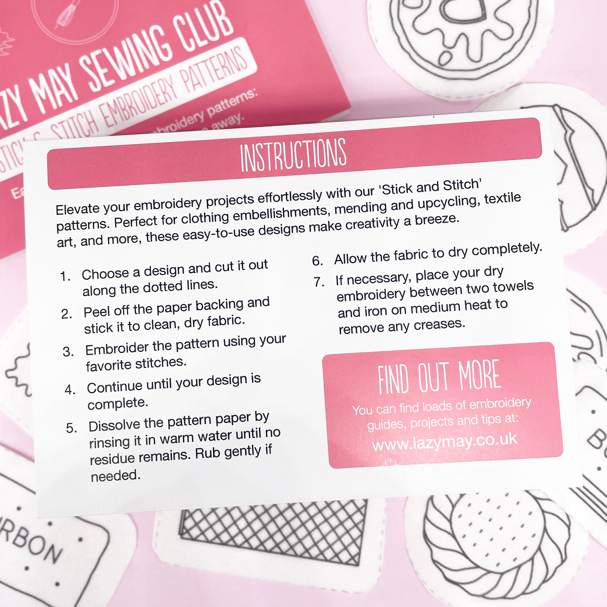 Instruction sheet for Lazy May’s British biscuit stick and stitch embroidery patterns, detailing how to use dissolving embroidery designs for fabric embellishments and modern embroidery projects.