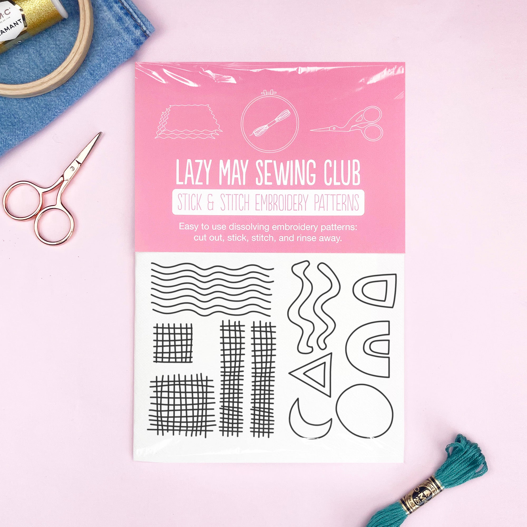 Slow Stitching Textures: Stick and Stitch Embroidery Patterns shown with scissors, thread, and embroidery hoop on pink background