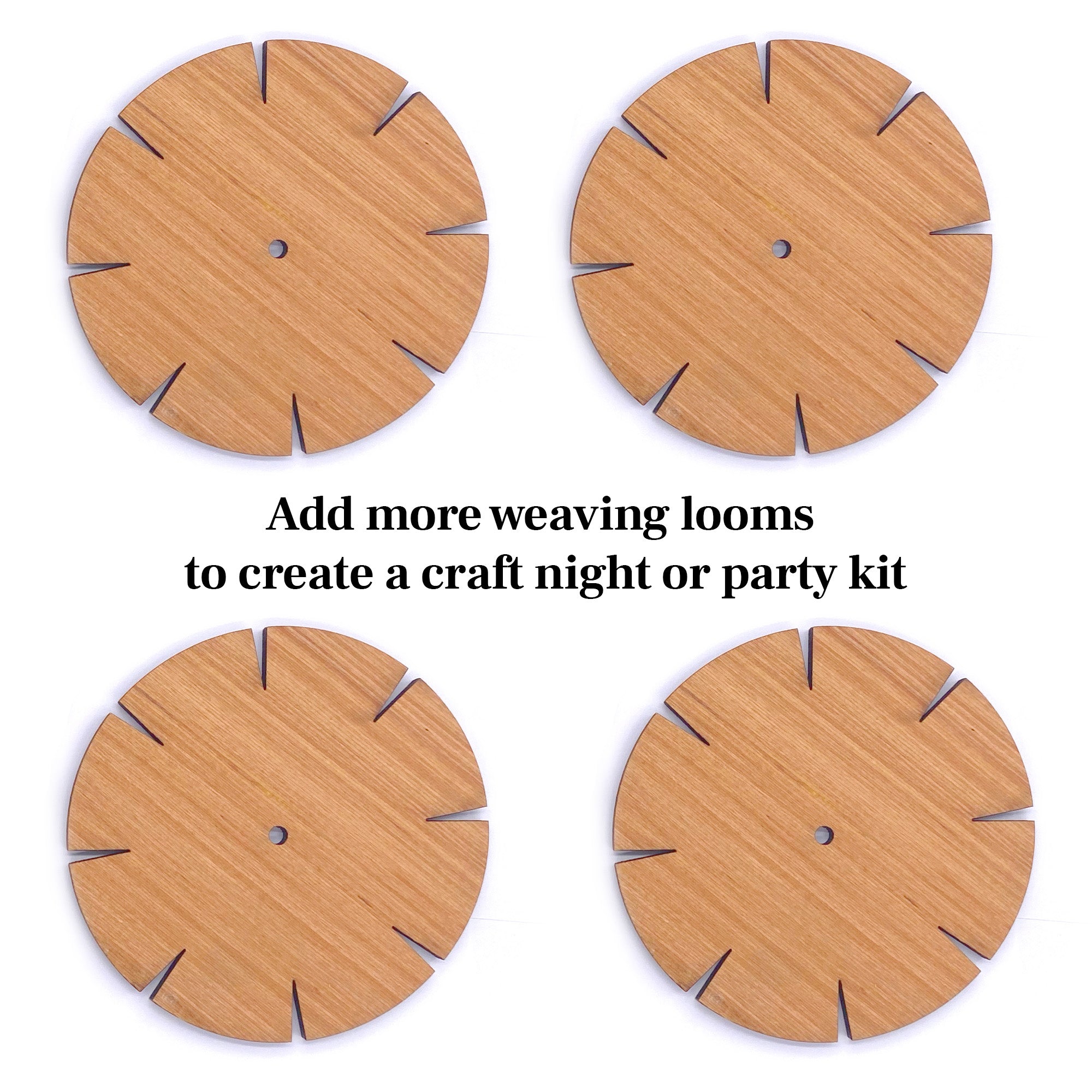 Graphic showing four identical wooden kumihimo weaving looms arranged in a square, with text encouraging you to add more looms to create a craft night or party kit.