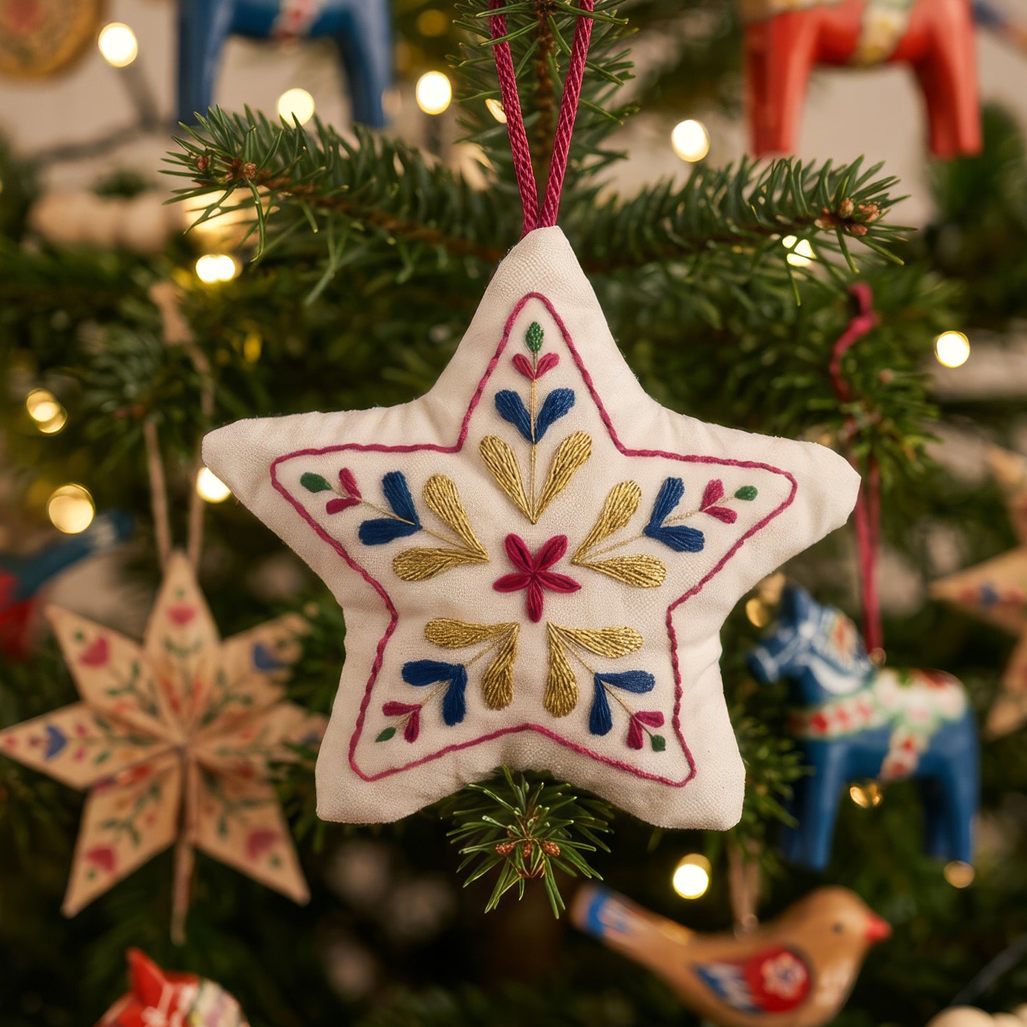 A white embroidered star-shaped Christmas ornament hanging on a pine tree with warm string lights. The ornament features colorful floral embroidery in blue, gold, and red, with a pink hanging loop.