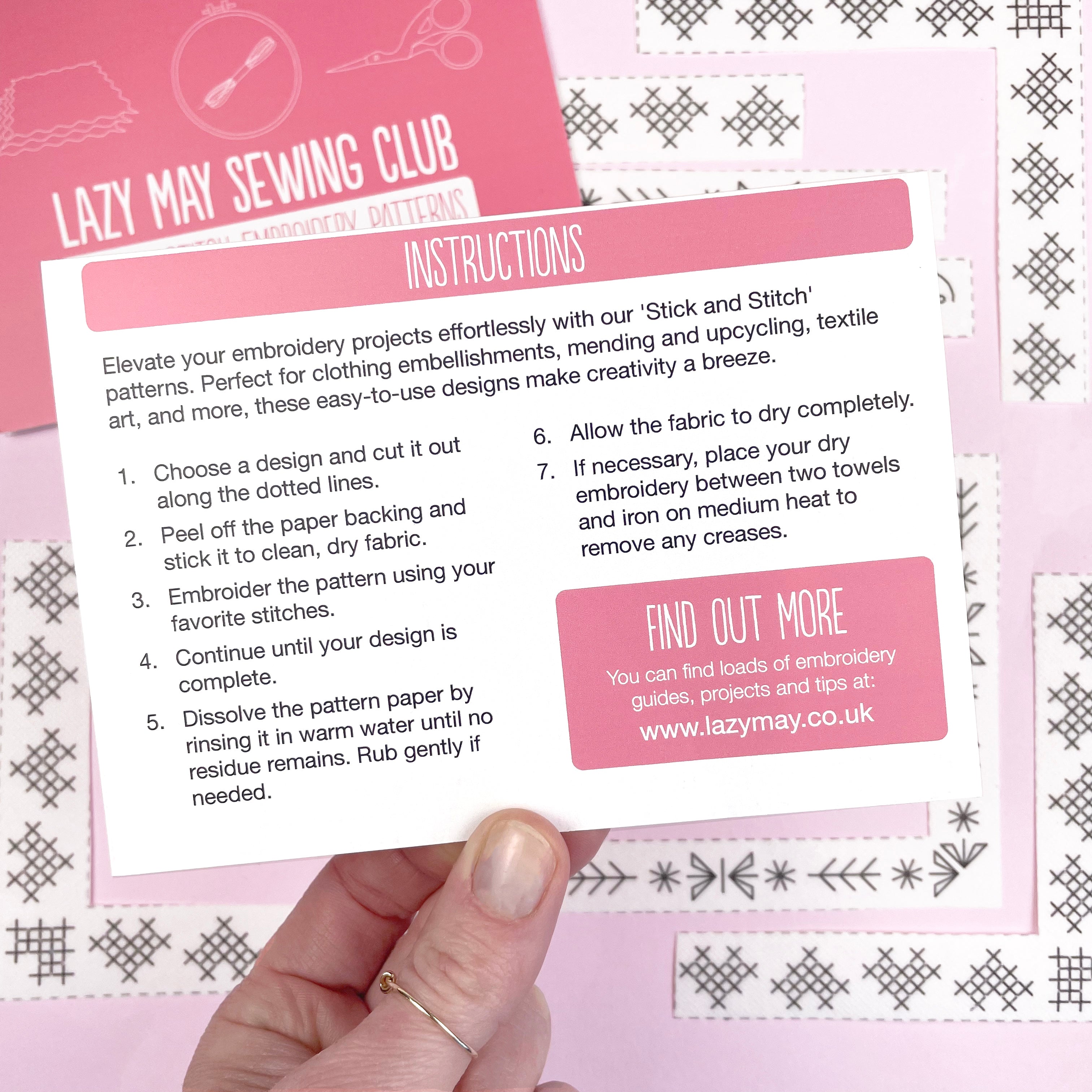 Instructions card from Lazy May Sewing Club with details on how to use Stick & Stitch patterns.