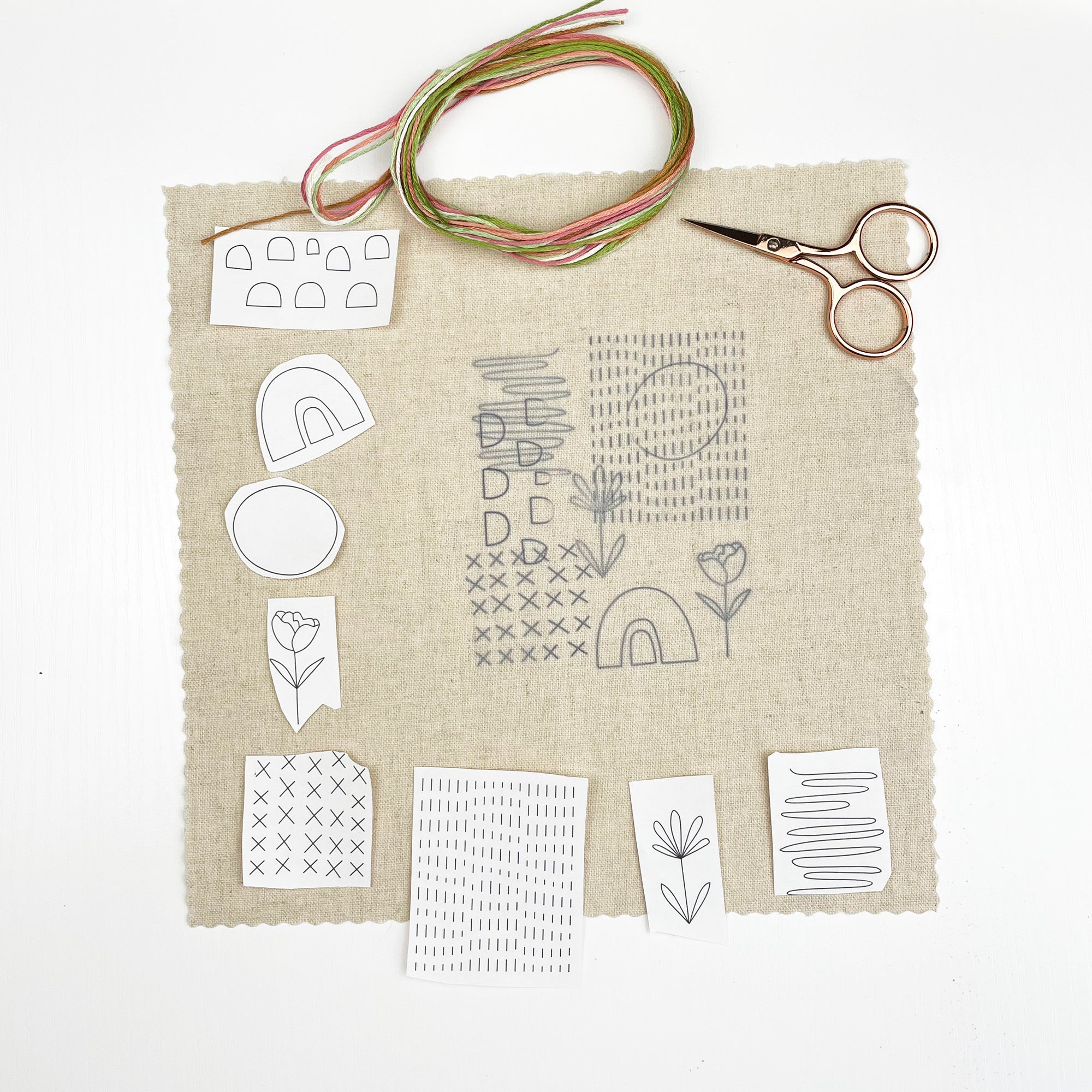 Iron-On Embroidery Patterns: Slow Stitching Textures with needle, threads, scissors, and fabric for beginner embroidery projects