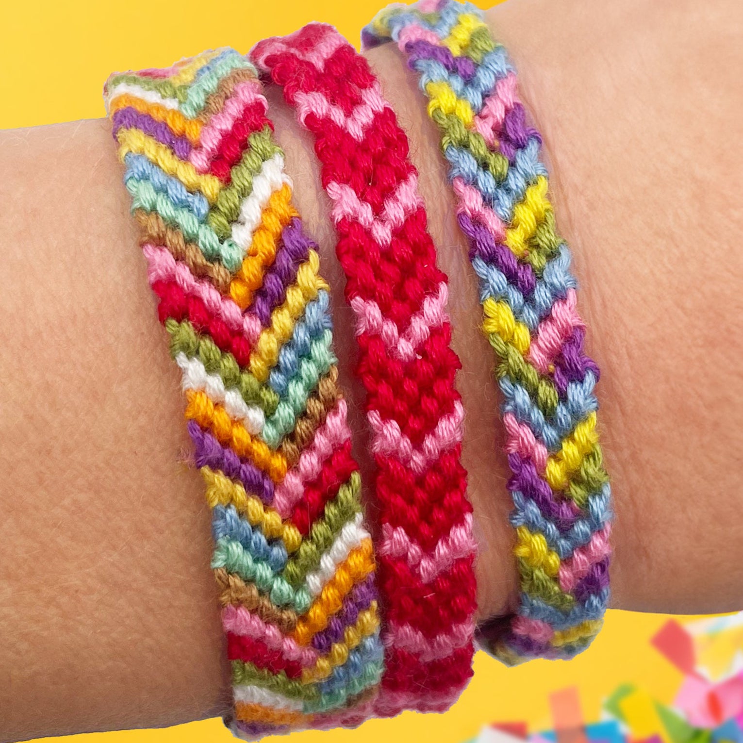 A mix of handmade chevron friendship bracelets with a gold infinity bracelet. A creative and colourful DIY jewellery making kit gift.