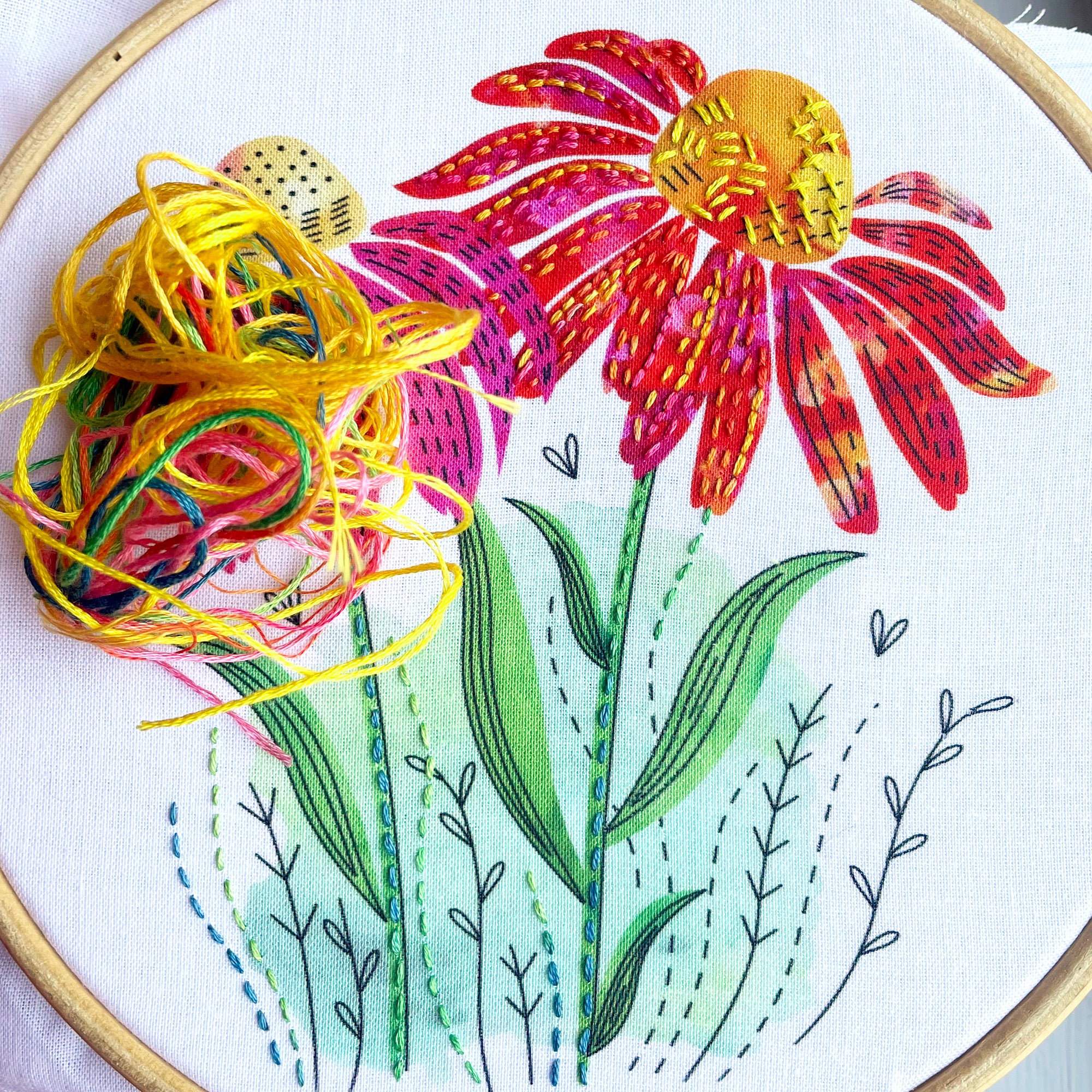 embroidery kit part way through being stitched, shown with coloured embroidery threads