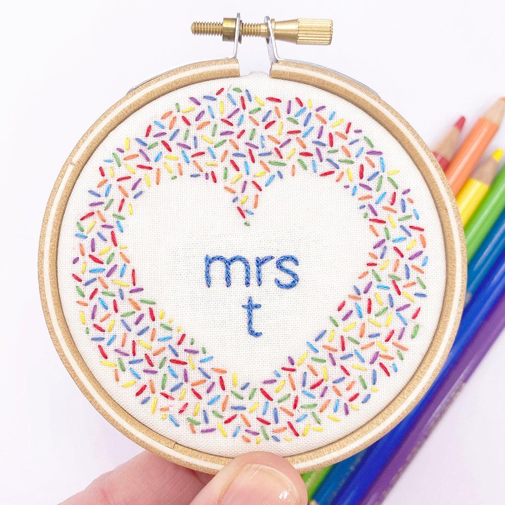 Rainbow Personalised Heart Embroidery Kit - Lazy May Embroidery