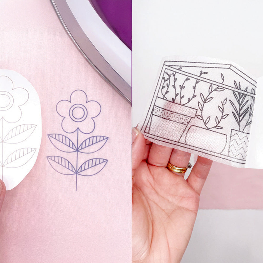 Wondering whether to use a stick and stitch pattern or an iron-on embroidery pattern? Here are examples of both type of pattern in use. A flower that have been ironed to to pink fabric and a green house design as a stick and stitch pattern