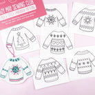 Embroidery patterns for sweaters on a pink background with 'Lazy May Sewing Club' text.