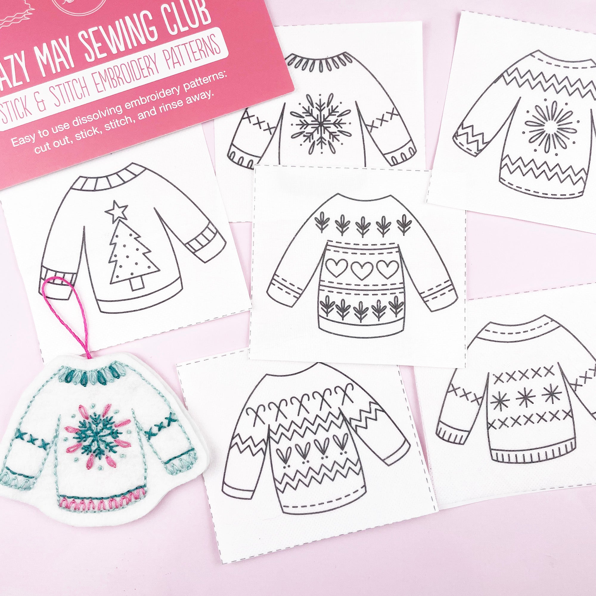 Embroidery patterns for sweaters on a pink background with 'Lazy May Sewing Club' text.