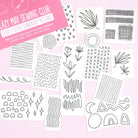 Slow Stitching Textures: Stick and Stitch Embroidery Patterns showing various easy-to-use black line designs on white paper sheets.