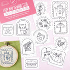 Stick and Stitch Embroidery patterns with various autumn themed designs on a pink background, featuring the Lazy May Sewing Club branding.