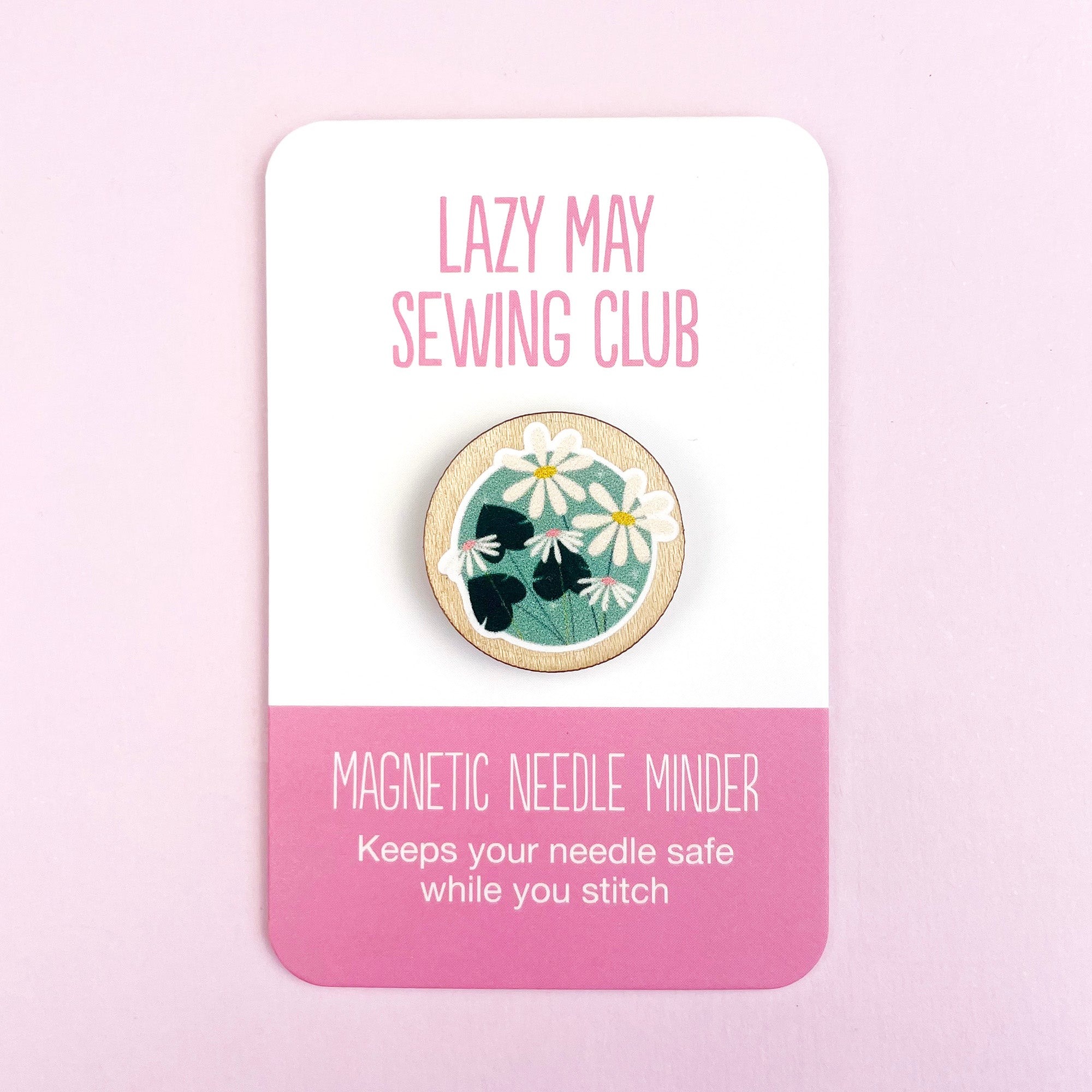 Lazy May Sewing Club green blue floral wooden magnetic needle minder on a pink card with floral design