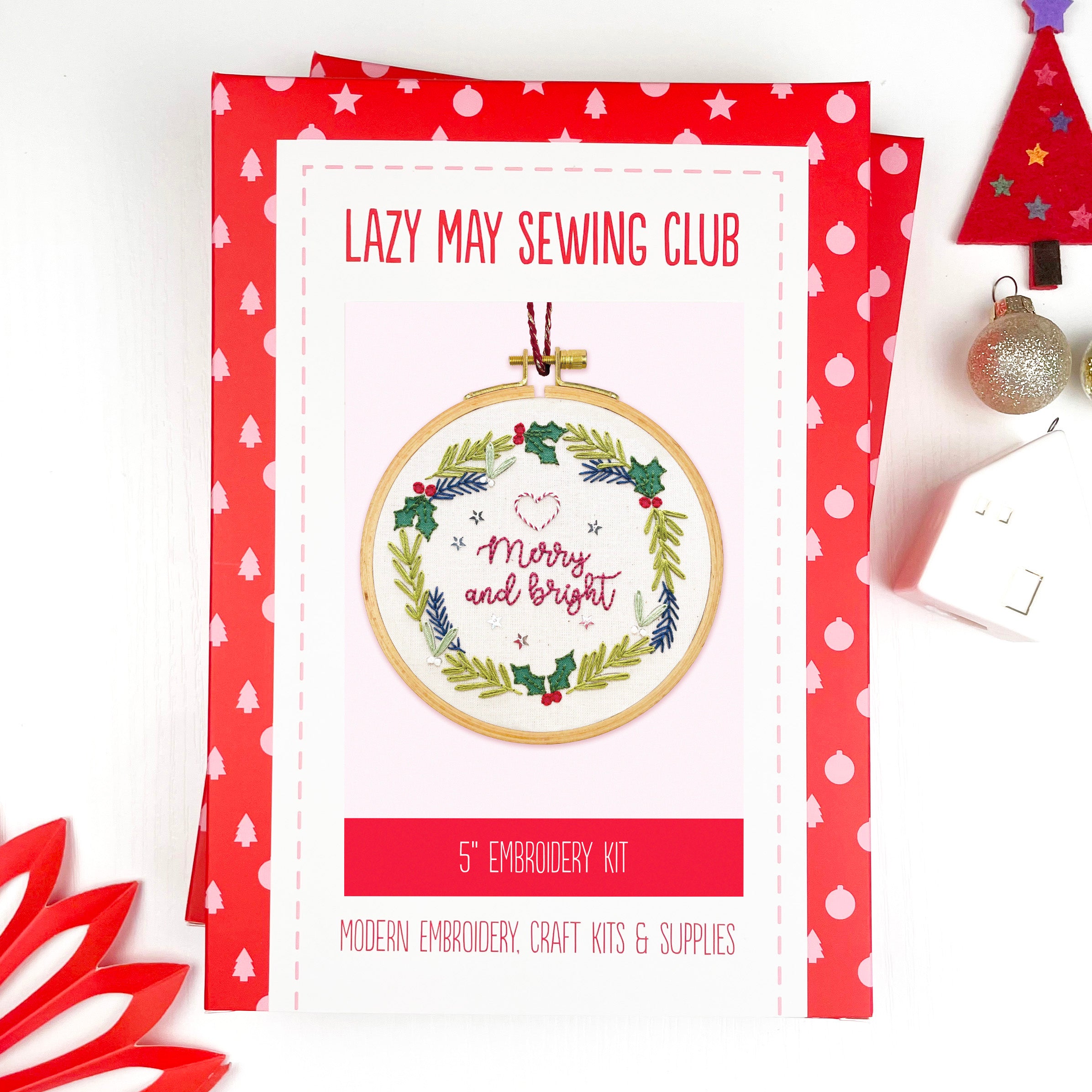 Lazy May Sewing Club embroidery kit packaging with Christmas-themed design