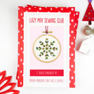 Lazy May Sewing Club beaded embroidery kit packaging with a decorative hoop on a white background.