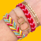 Handmade knotted friendship bracelets styled with gold jewellery. Chevron bracelet making kit for crafters, kids, and DIY jewellery lovers.