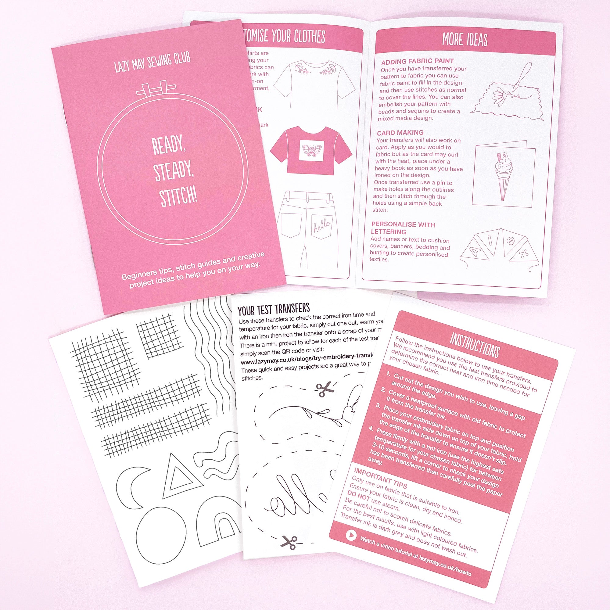 Iron-On Embroidery Patterns: Slow Stitching Textures kit with instructions and test transfer sheets on pink background