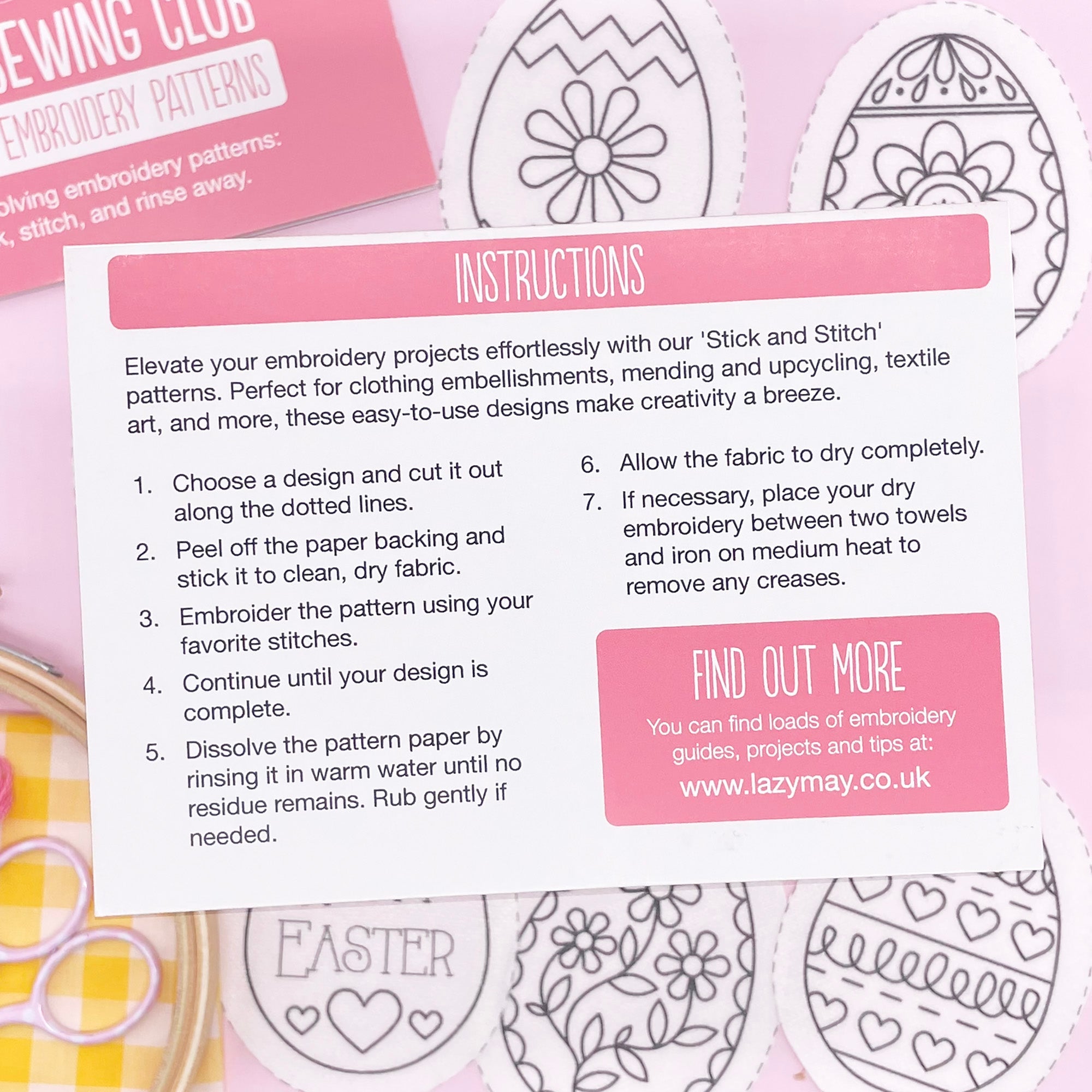 Instruction card for using stick and stitch Easter embroidery patterns. Easy-to-use dissolving embroidery transfers for modern Easter egg and bunny designs.