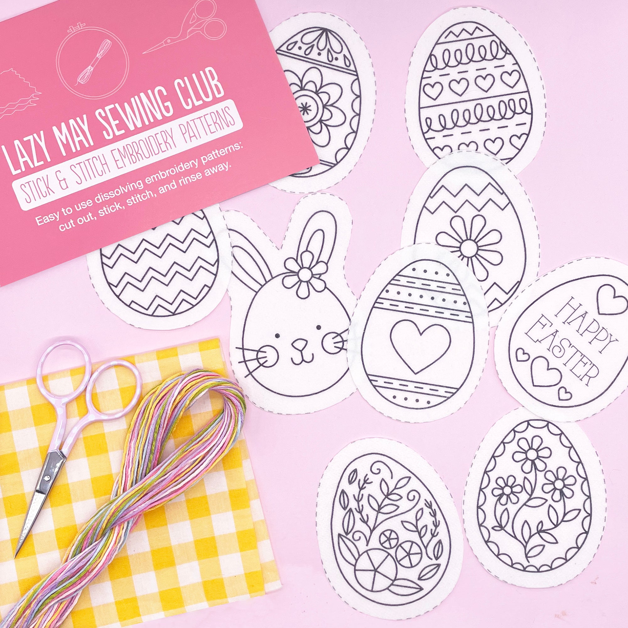 Easter embroidery pattern set featuring dissolving stick and stitch designs, including decorated Easter eggs and a bunny. Easy-to-use modern Easter embroidery patterns for embellishing fabric, home décor, and gifts.