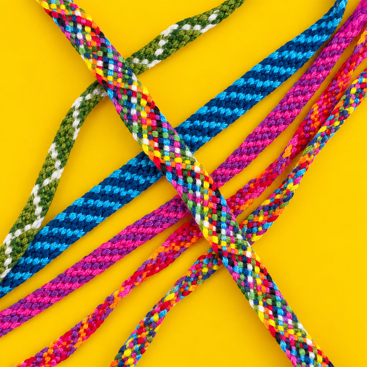 Several braided rope cords in different color patterns, including green and white, blue and white, and multicolor pink, yellow, blue, green, and orange, arranged in an X pattern on a bright yellow background.