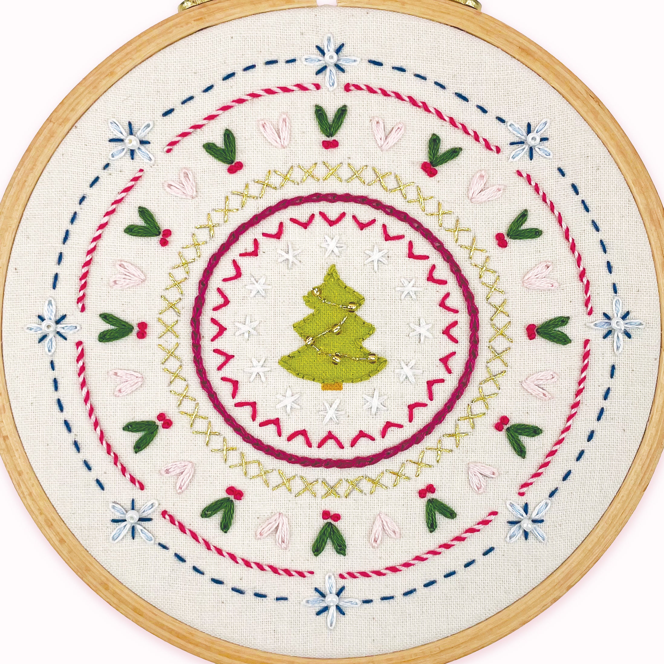 Embroidery hoop with a Christmas-themed design featuring a tree and festive patterns.