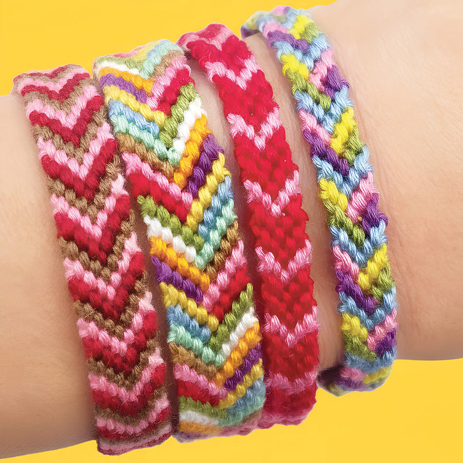 traditional knotted chevron friendship bracelets in bright rainbow colours