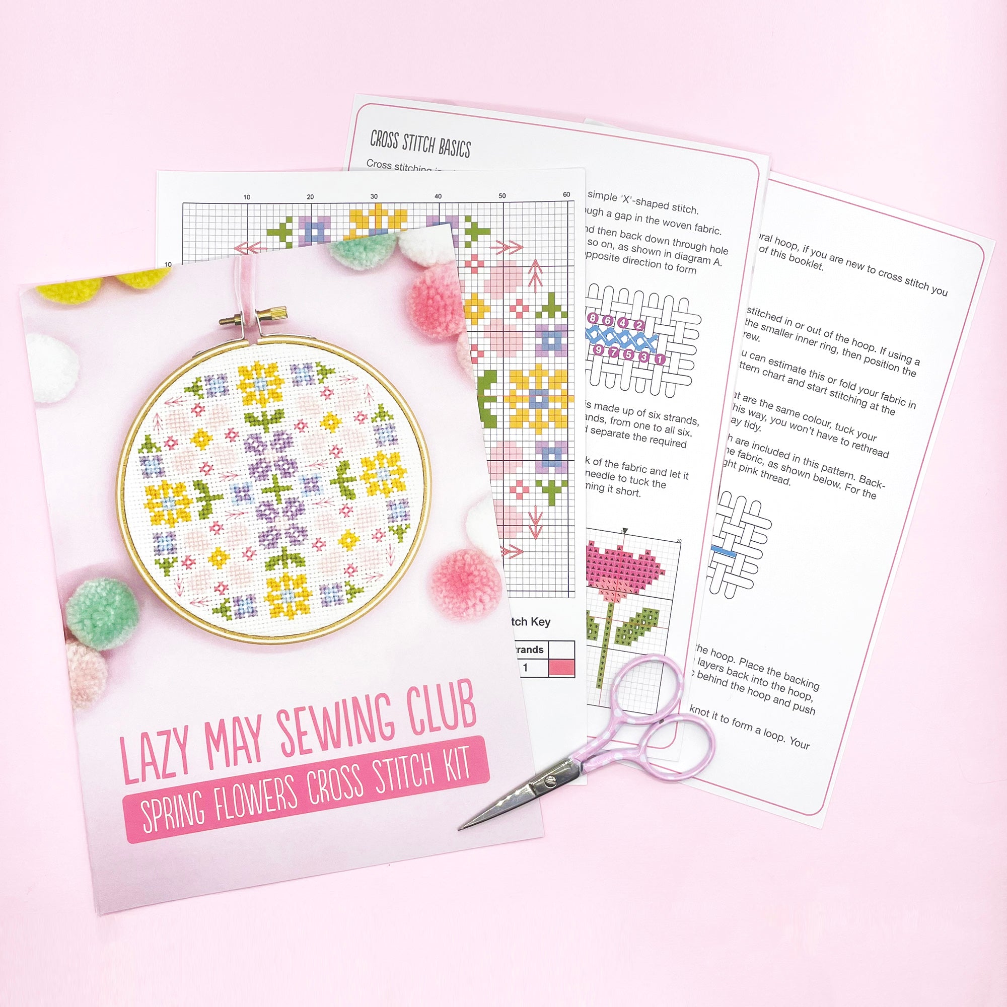 Close up of instructions to make a floral cross stitch hoop