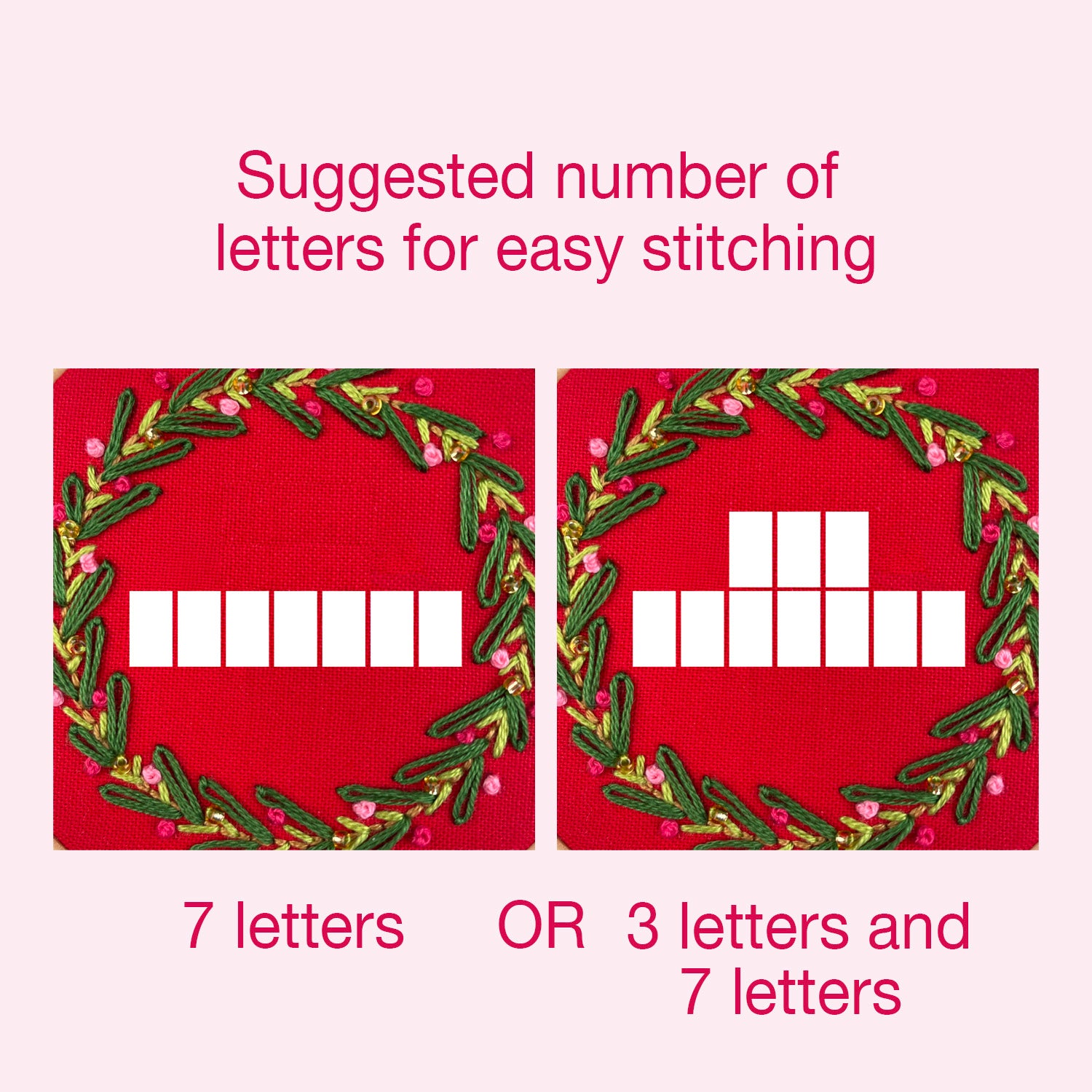 Two red fabric samples with green leaf patterns and white letter blocks, showing suggested letter stitching patterns.