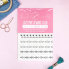 Decorative Borders: Stick and Stitch Embroidery Patterns with black line designs, scissors, thread, and fabric on pink background