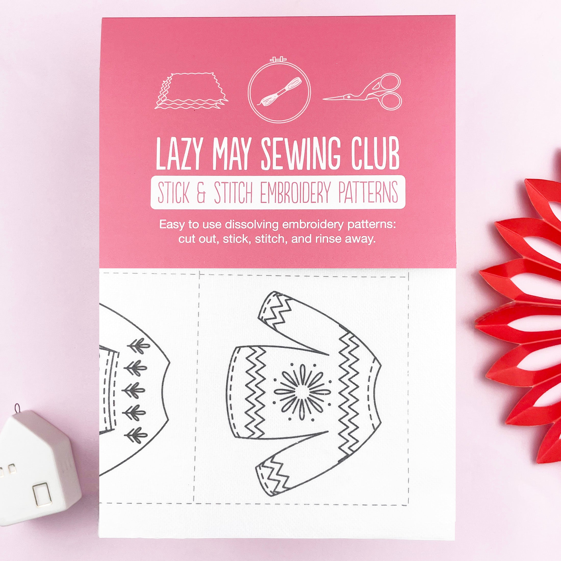 Lazy May Sewing Club embroidery patterns on a pink and white background