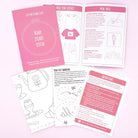 Set of kitchen themed sewing guides and patterns on a pink background