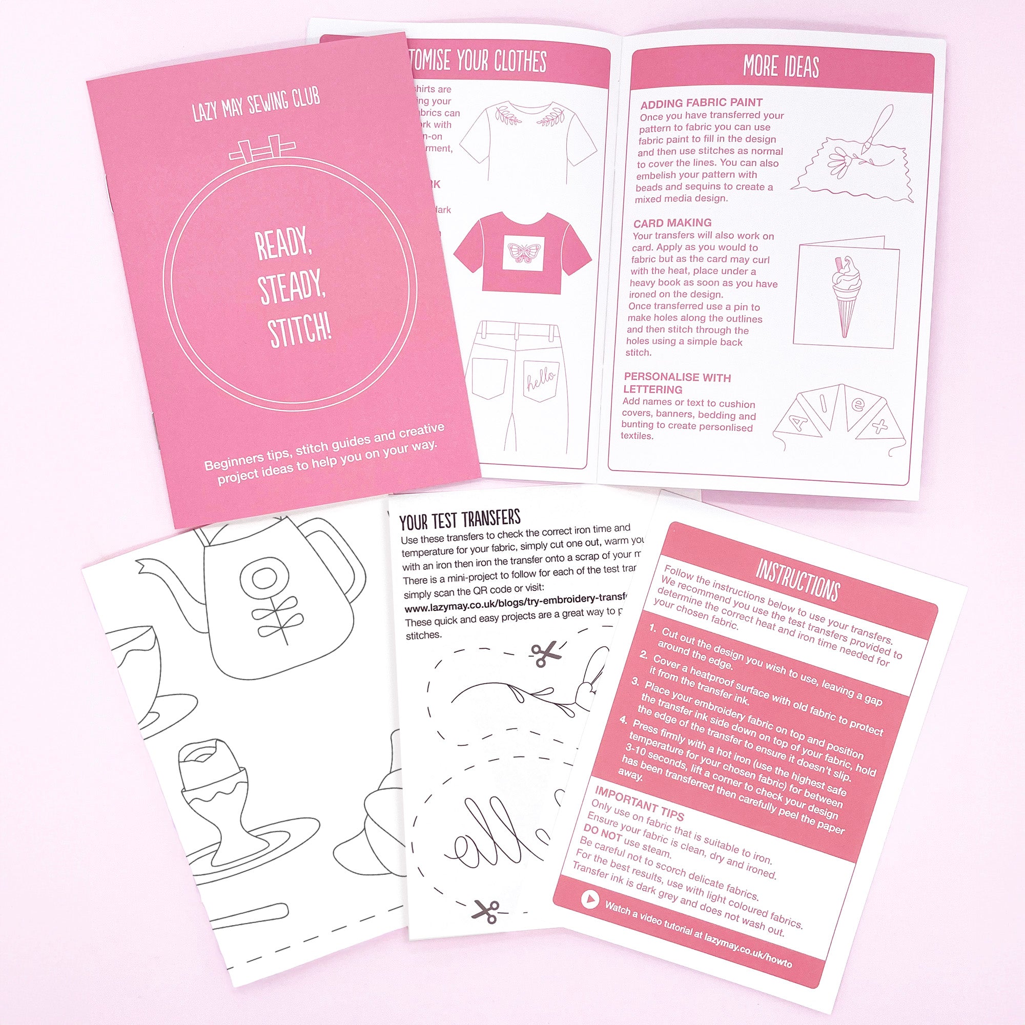 Set of kitchen themed sewing guides and patterns on a pink background