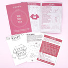 Sewing kit with instructions and pattern sheets on a pink background