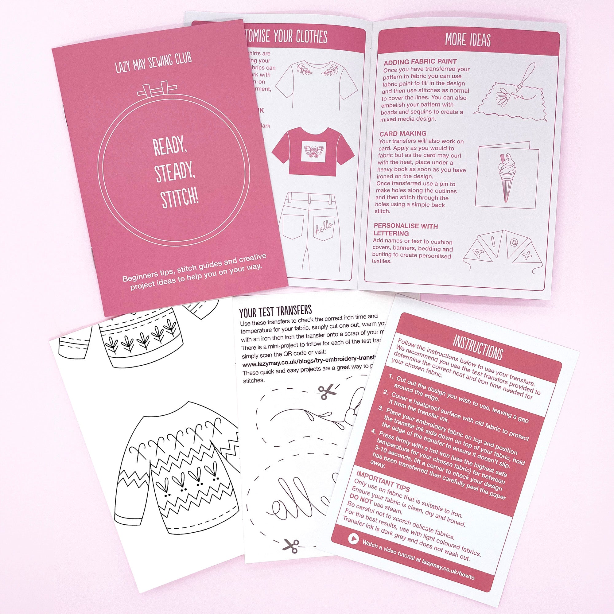 Sewing kit with instructions and pattern sheets on a pink background