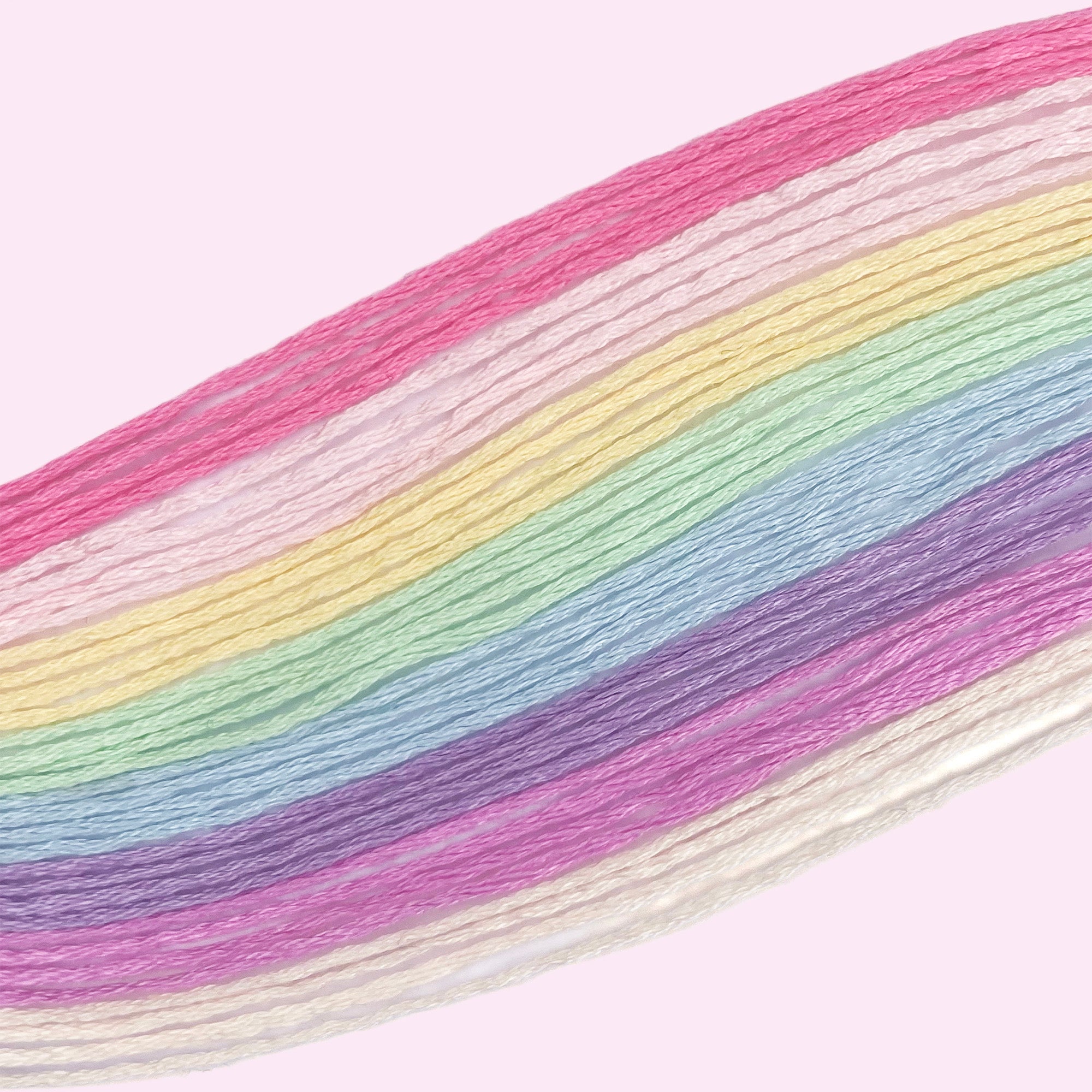 Close-up of pastel-colored embroidery threads arranged in soft, gentle shades for beginner-friendly stitching projects