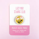 Floral magnetic needle minder on a Lazy May Sewing Club card with a pink background